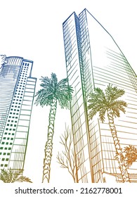 Modern urban landscape. Hand drawn sketch. Line art. Ink drawing. Tel Aviv, Israel. Colorful vector illustration on white background. Without people.