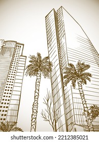 Modern urban landscape. Hand drawn sketch. Line art. Tel Aviv, Sarona, Israel. Sepia Vector illustration on white background. Without people. Vintage postcard style.