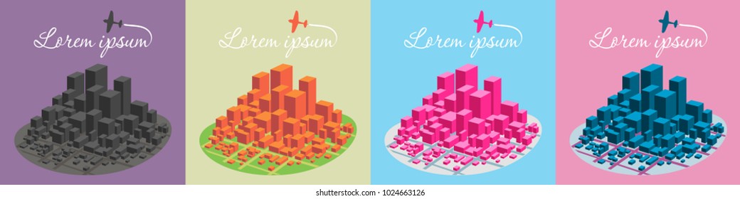 Modern urban landscape isometric composition with skyline buildings streets. Vector illustration.