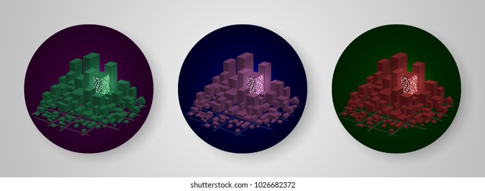 Modern urban landscape isometric composition with skyline buildings streets. Windows of night house.