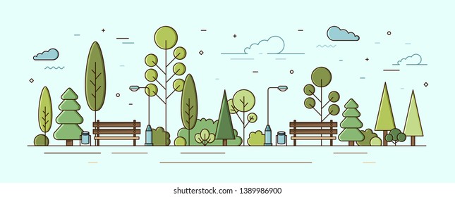 Modern urban landscape. Municipal park or communal garden with green trees, bushes, street lights and benches. City recreational area or natural zone. Colorful vector illustration in linear style.