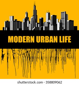Modern urban life placard and conceptual design with a city silhouette skyline and flowed paint. Vector illustration