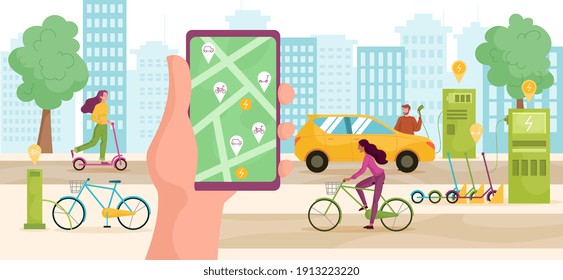 Modern urban lifestyle concept. Male and female characters using rental services bicycles, kick scooter, electric car. Mobile application for renting eco transport. Flar cartoon vector illustration