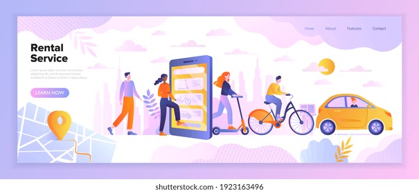 Modern urban lifestyle concept. Male and female characters using rental services bicycles, kick scooter, electric car. Flat cartoon vector illustration. Website, webpage, landing page template