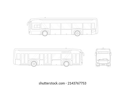 Modern Urban Low Floor Electric Bus, Sketch. Side View, Front. Flat Vector Illustration.