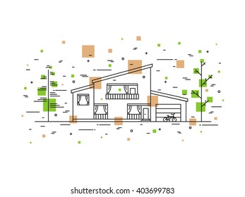 Modern urban mansion (cottage) outline vector illustration. House exterior landscape linear concept. Exterior architecture line art graphic design.
