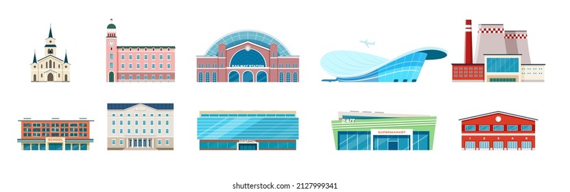 Modern urban municipal buildings, bank, hospital, town hall. Flat city building, airport school, factory, town architecture vector set. Illustration of municipal architecture police structure