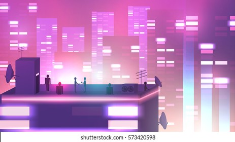 Modern Urban Neon Cityscape scene with Building Silhouettes, Towers and Rooftop Party - Vector Illustration