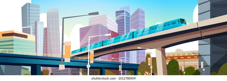 Modern Urban Panorama With High Skyscrapers And Subway City Background Horizontal Banner Flat Vector Illustration