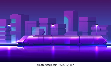 Modern urban public transport scene. A shining tram rides through the evening city.