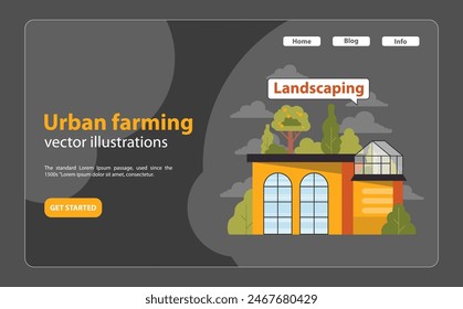 Modern urban rooftop garden. Orange building features lush greenery, a vibrant tree, and an adjacent greenhouse. City's push for green spaces. Flat vector illustration