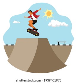 Modern urban skateboard park illustration. Man in casual clothes skateboarding and showing exciting tricks with his skate. Sports activities in the summer. Really good for talking about extreme sport 