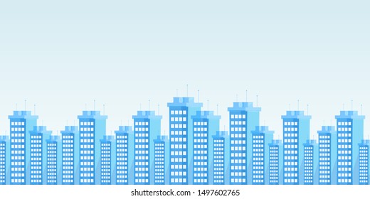 Modern urban skyline flat vector illustration. Contemporary city architecture, business district cityscape decorative backdrop with copyspace. High rise apartments, office buildings panorama
