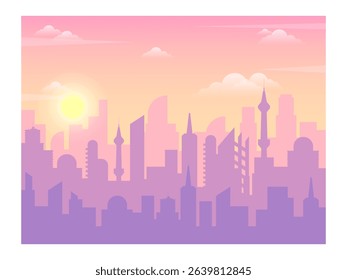 Modern urban skyline glowing at sunrise, featuring towering skyscrapers and diverse buildings. Soft pastel colors blend with a cloudy sky, creating a stunning cityscape