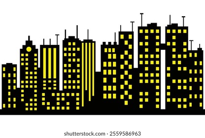 Modern Urban Skyline Silhouette with Yellow Illuminated Windows
