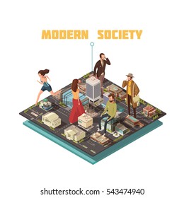 Modern Urban Society With People Having Different Occupations Isometric Vector Illustration