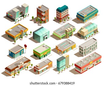 Modern urban store buildings of different styles isometric icons set isolated on white background vector illustration