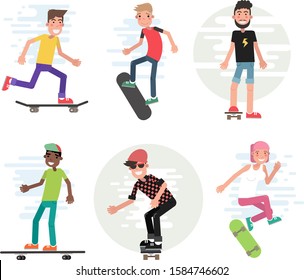 Modern urban teenage boys and girls on skateboard vector illustration. Set of isolated cartoon characters. City skaters have fun and do stunt and tricks. Skate extreme sport.