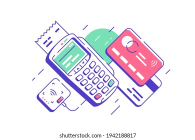 Modern urban terminal for contactless and wireless goods payment. Isolated concept of device for card pay service and bank payment in market with buyer check. Vector illustration.