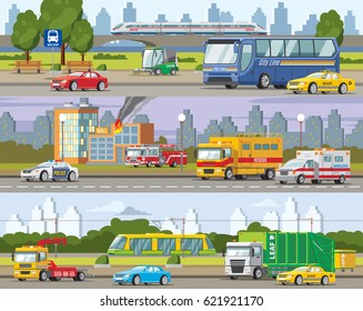 Modern urban traffic horizontal banners with municipal and public transport and vehicles vector illustration