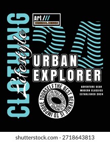 Modernes urbanes Typografie-Design mit fetten elektrischen Schriftzügen, abstrakten Wellenelementen und einer zeitgenössischen Streetwear-Ästhetik. Ideal für T-Shirt-Prints, Poster, Bekleidungsmarken, Social-Media-Grafiken und moderne Lifestyle-Designs. Sauberer Vektorstil für die gewerbliche Nutzung geeignet.