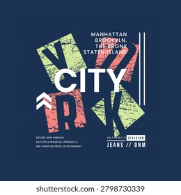 Modern urban typography T-shirt design featuring CITY typography with distressed geometric elements, denim-inspired streetwear style, bold colors, and contemporary metropolitan fashion vibes.