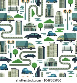 Modern urban vector city buildings and transport seamless pattern megapolice town background illustration