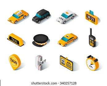 Modern urban yellow hired taxi car accessories and driver hat isometric icons collection  abstract isolated vector illustration