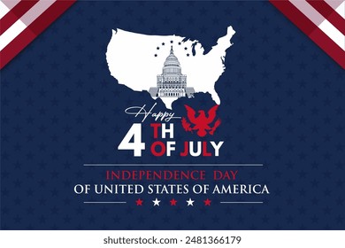 Modern US Independence Day 4th July Template Background with USA Map, Eagle Emblem, Capitol Building, and Flag Illustration. Independence Day USA Banner. 