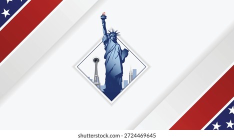 Moderner USA-Hintergrund mit Freiheitsstatue und patriotischen Nationalflaggenelementen