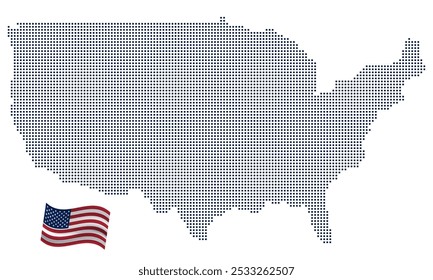 Mapa punteado de los Estados Unidos modernos con gráfico de bandera estadounidense, ideal para proyectos de geografía, patrióticos o de diseño. Perfecto para uso común y Ilustraciones vectoriales. Palabras claves: USA mapa punteado, USA flag, mapa punteado