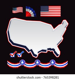 Modern USA map, symbol and flag isolated on black background