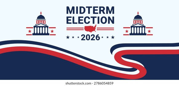 Modern USA Midterm Elections 2026 political campaign banner designed with patriotic wave patterns and strong American-inspired graphics. This professional election template is suitable for campaign branding, voting promotions, political event advertisements, government awareness programs, and patriotic social media content. The clean vector composition combines elegant typography with dynamic red and blue elements to create a trustworthy and eye-catching campaign design. Perfect for print-ready posters, flyers, web banners, presentations, and election-related marketing materials.