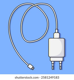 A modern USB charger with a tangled white cable and a plug adapter, illustrated in a clean, minimalistic style on a blue background. Ideal for tech, gaming, or website assets.