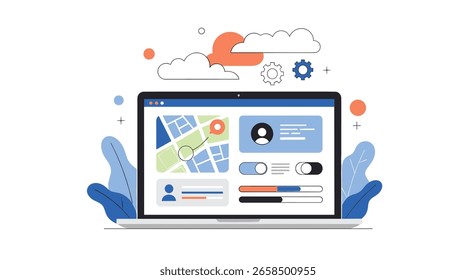 Modern user interface design for a location based service application on a laptop screen showing map and user profiles with progress bars