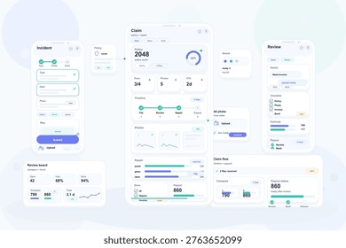 Modern user interface design for a mobile insurance claim management app, displaying incident reporting, claim status, document uploads, and payout tracking features.