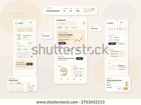 Modern user interface design for a mobile education app dashboard, featuring course tracking, lesson planning, scheduling, and study preferences in a clean layout.