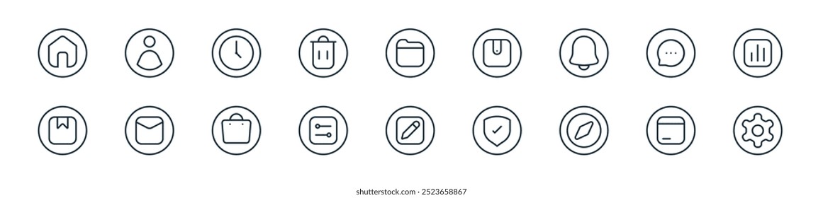 interface de usuário moderno icon pack. perfeito para projetos de interface de usuário linear com vetor ting, cartão de crédito, descobrir, privacidade, editar, ajustar, saco de compras e mais ícones para aplicativos móveis e web.