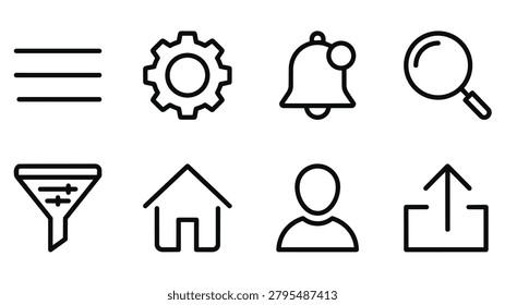 Modern User Interface Outline Icon Set Featuring Menu Settings Notification Search Filter Home Profile and Upload Symbols