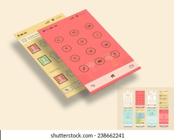 Modern User Interface template layout including Flat Web Icons with Lock, Calling, Weather, Messaging, Calendar and Music Player Screens for Mobile Apps and Responsive Website design.  