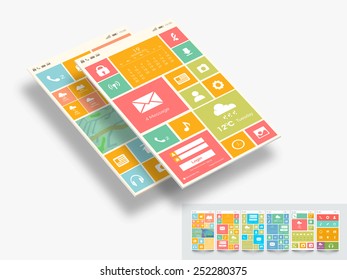 Modern User Interface template layout in flat design including Web Icons, Calendar, Login, Calling and Weather features with multiple design options for Mobile Apps and Website Design.