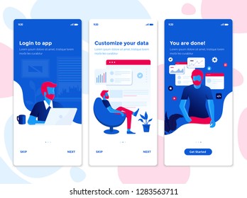 Modern user interface UX, UI screen template for mobile smart phone. Onboarding Screens User Interface Kit. Busness, Data analysis app. Vector Illustration