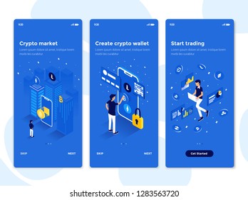 Modern user interface UX, UI screen template for mobile smart phone. Onboarding Screens User Interface Kit. Crypto currency, wallet, trading app. Vector Illustration