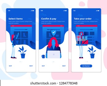 Modern user interface UX, UI screen template for mobile smart phone. Onboarding Screens User Interface Kit. E-commerce, Online shopping app. Vector Illustration