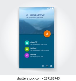 Modern user interface (ux, ui) screen template for mobile smart phone or web site. Transparent blurred material design ui with icons.