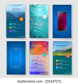 Modern user interface (ux, ui) screen template for mobile smart phone or web site. Transparent blurred material design ui with icons. 
