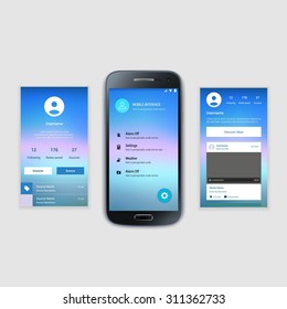 Modern user interface UX, UI screen template for mobile smart phone or responsive web site. Mobile Screens User Interface Kit.  Welcome, onboarding, login, sign-up and home page layout.