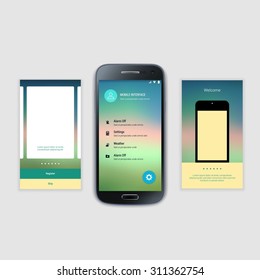 Modern user interface UX, UI screen template for mobile smart phone or responsive web site. Mobile Screens User Interface Kit.  Welcome, onboarding, login, sign-up and home page layout.