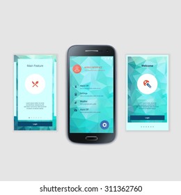 Modern user interface UX, UI screen template for mobile smart phone or responsive web site. Mobile Screens User Interface Kit.  Welcome, onboarding, login, sign-up and home page layout.