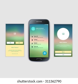 Modern user interface UX, UI screen template for mobile smart phone or responsive web site. Mobile Screens User Interface Kit.  Welcome, onboarding, login, sign-up and home page layout.